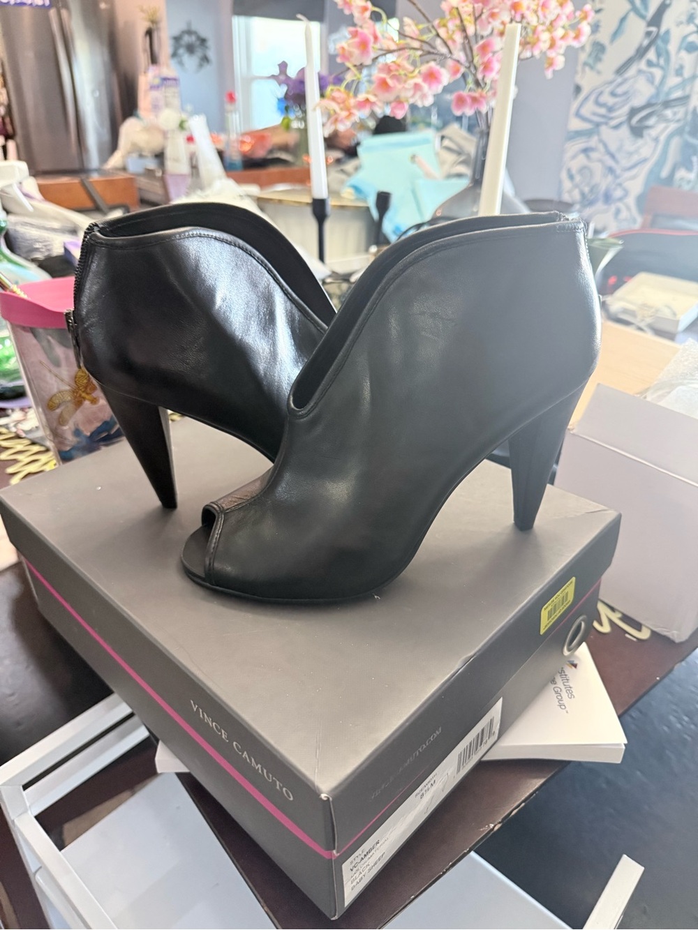 Vince Camuto Black Leather Peep-Toe Ankle Booties